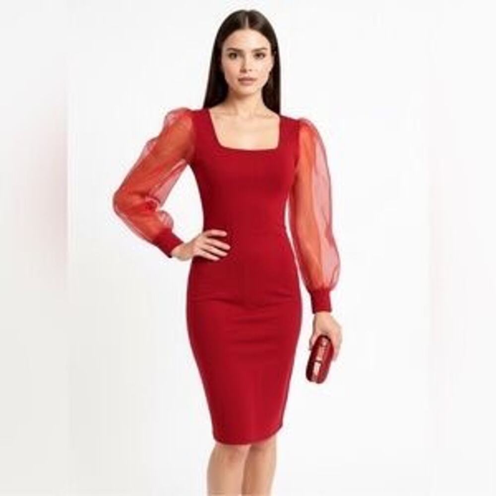 House of Harlow 1960 Red Bodycon Knit Dress Organza Sheer Sleeves NWT Large